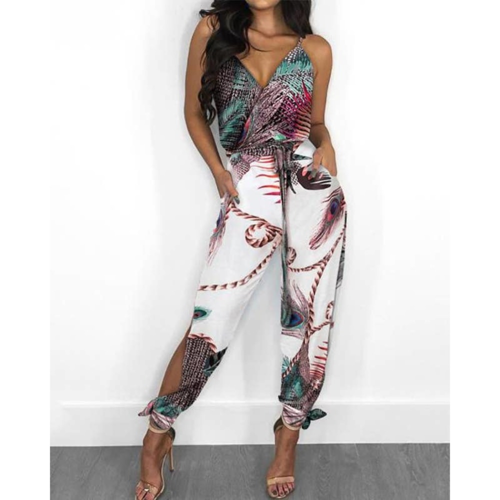 Womens Casual Floral High Split Jumpsuit